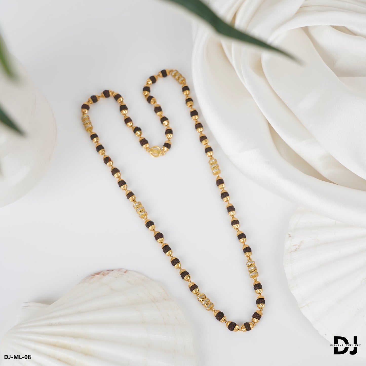 New 6 mm Gold Plated Rudraksha mala With round balt for Men.(ML-08)