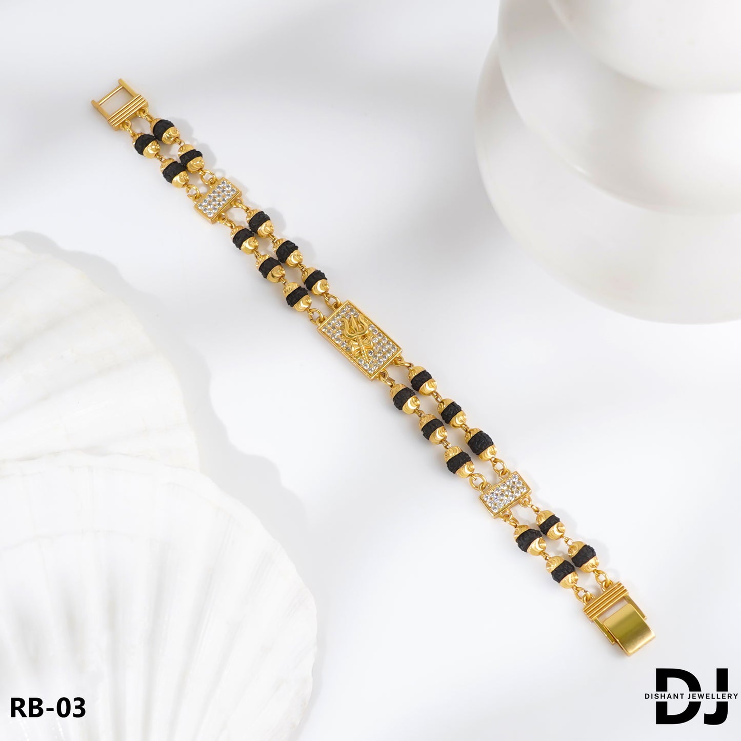 TRISHUL Design 2 Line Rudraksha With Diamond Gold Bracelet for Men.(RB-03)