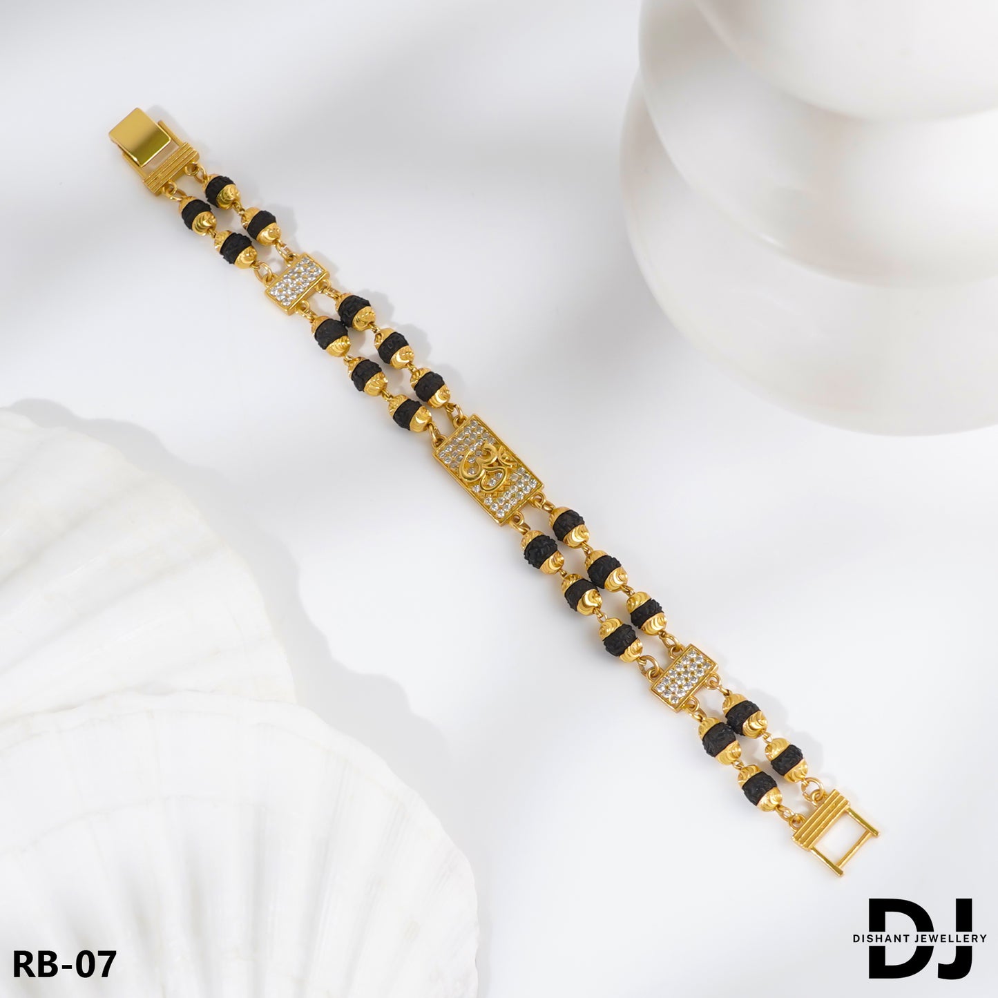 OM Design 2 Line Rudraksha With Diamond Gold Bracelet for Men.(RB-07)