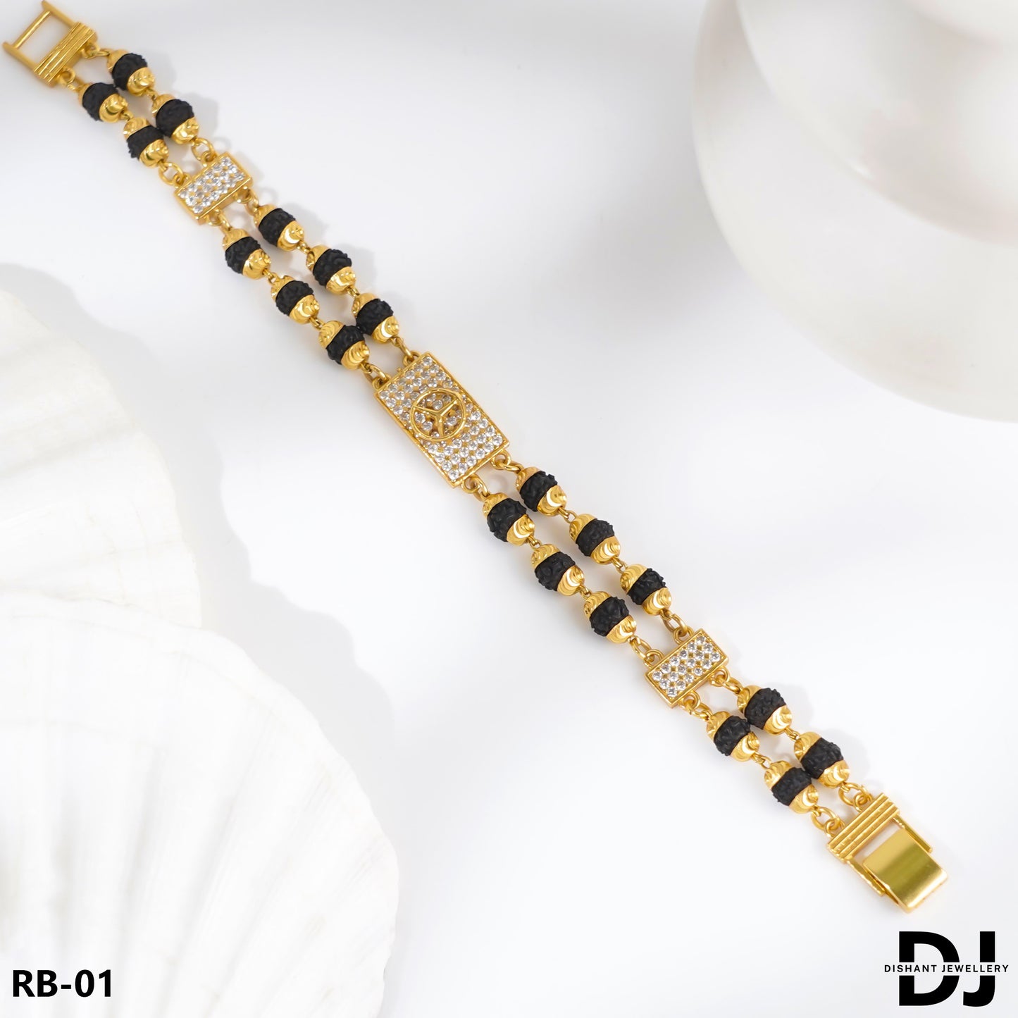 mercedes Design 2 Line Rudraksha With Diamond Gold Bracelet for Men.(RB-01)