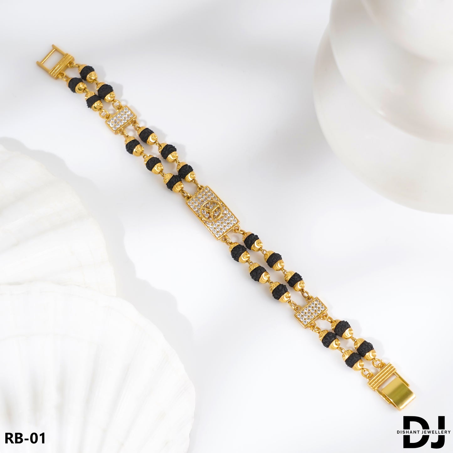 mercedes Design 2 Line Rudraksha With Diamond Gold Bracelet for Men.(RB-01)