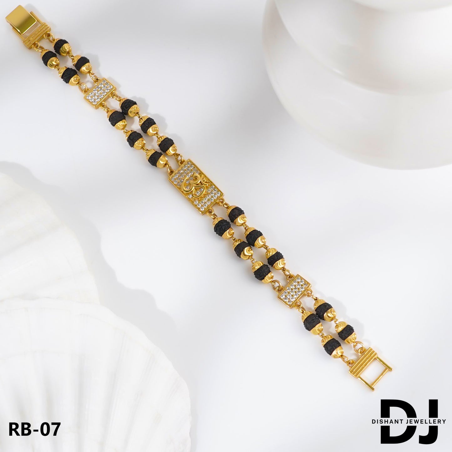 OM Design 2 Line Rudraksha With Diamond Gold Bracelet for Men.(RB-07)